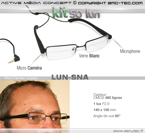 LUN-SNA - Lunette classique avec micro caméra audio vidéo 480 lignes
