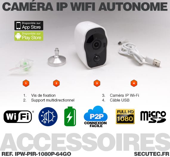 Caméra intérieur/extérieur wifi 1080p autonome, batterie rechargeable