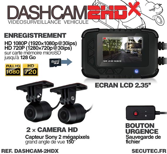 DASHCAM-2HDX - Enregistreur de conduite auto moto avec double caméra HD  1080P filaire waterproof
